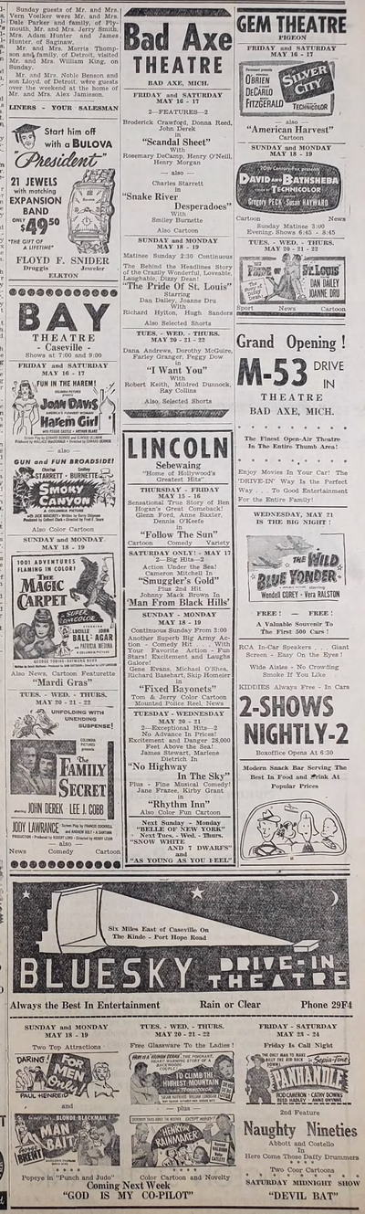 M-53 Drive-In Theatre - Pigeon Progress Fri May 16 1952 Theater Ads